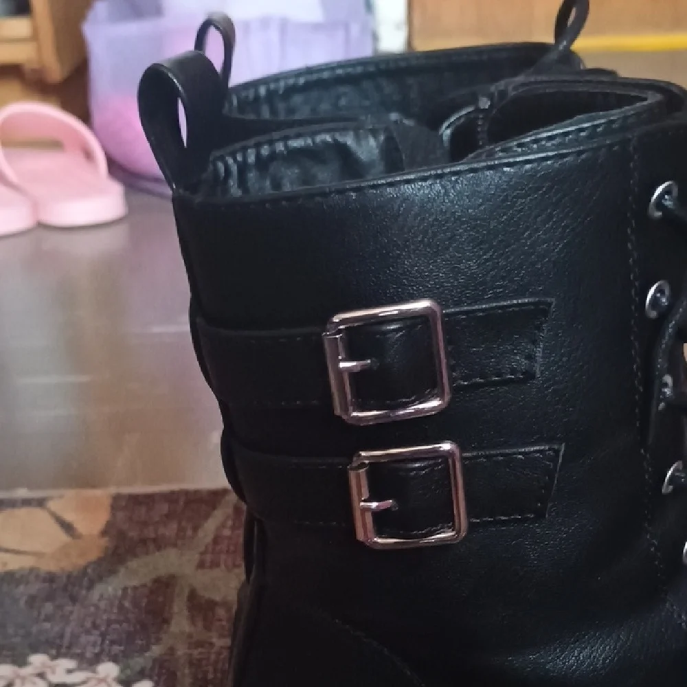 Black Combat Boots with Silver Buckle And Zipper Detail - Picture 4 of 7
